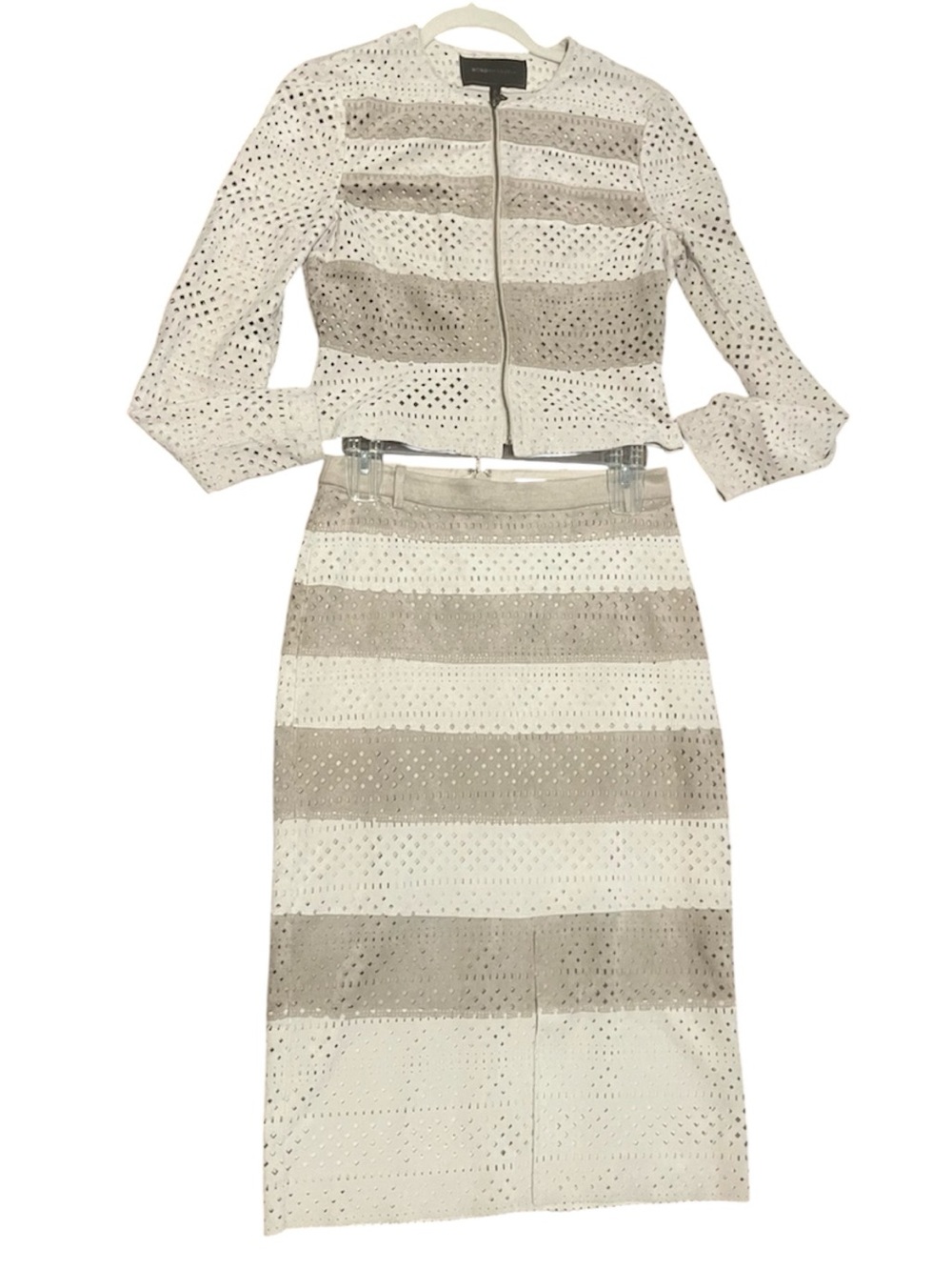 BcBg Eyelet Two-Piece faux suede Skirt Set in gray and Taupe XS